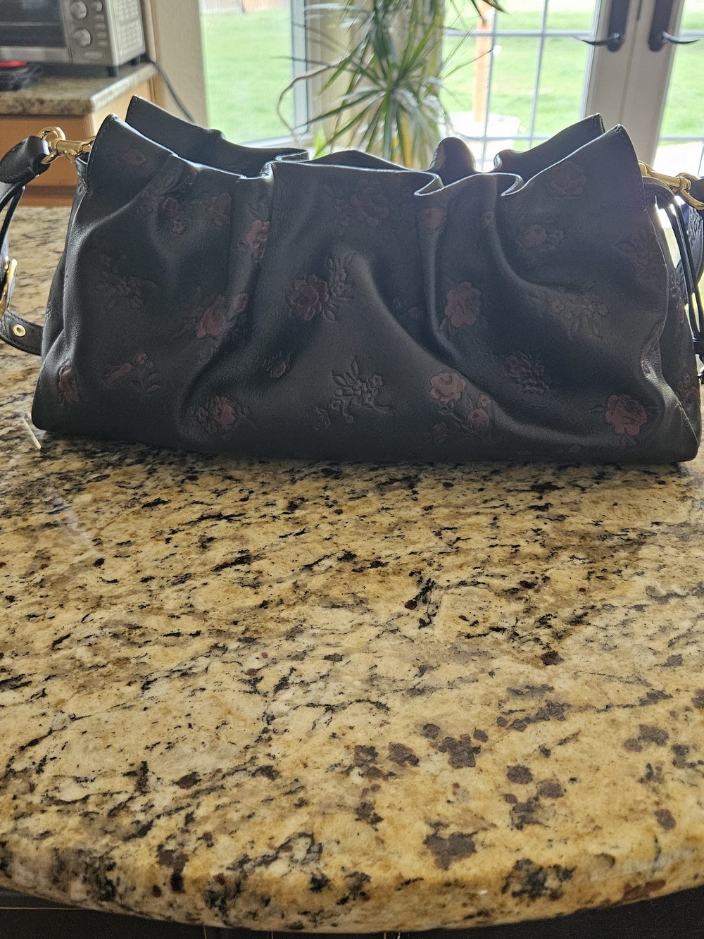 Coach Black Leather Shoulder Bag (Large) with Floral Embossing and Gold Chain - Picture 9 of 10
